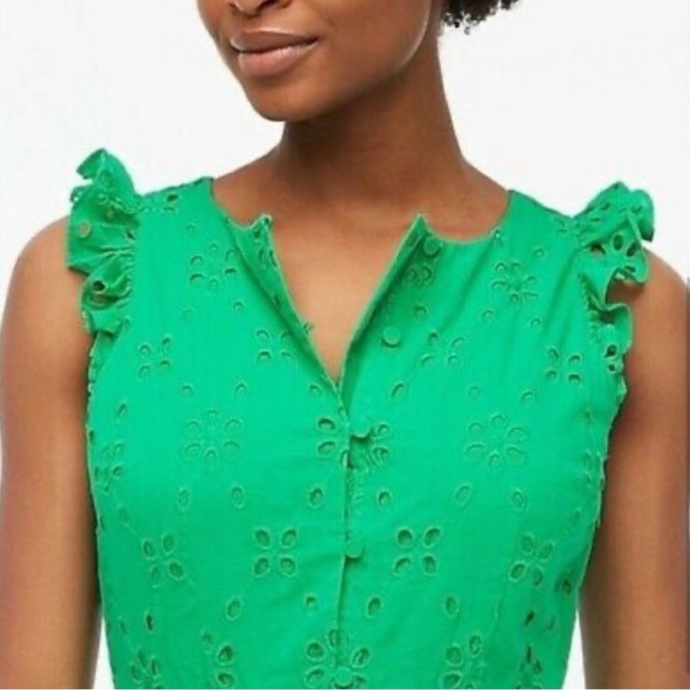 J Crew Eyelet Shirtdress Kelly Green Vintage Style A Line Midi Dress Size 00 - Picture 3 of 12